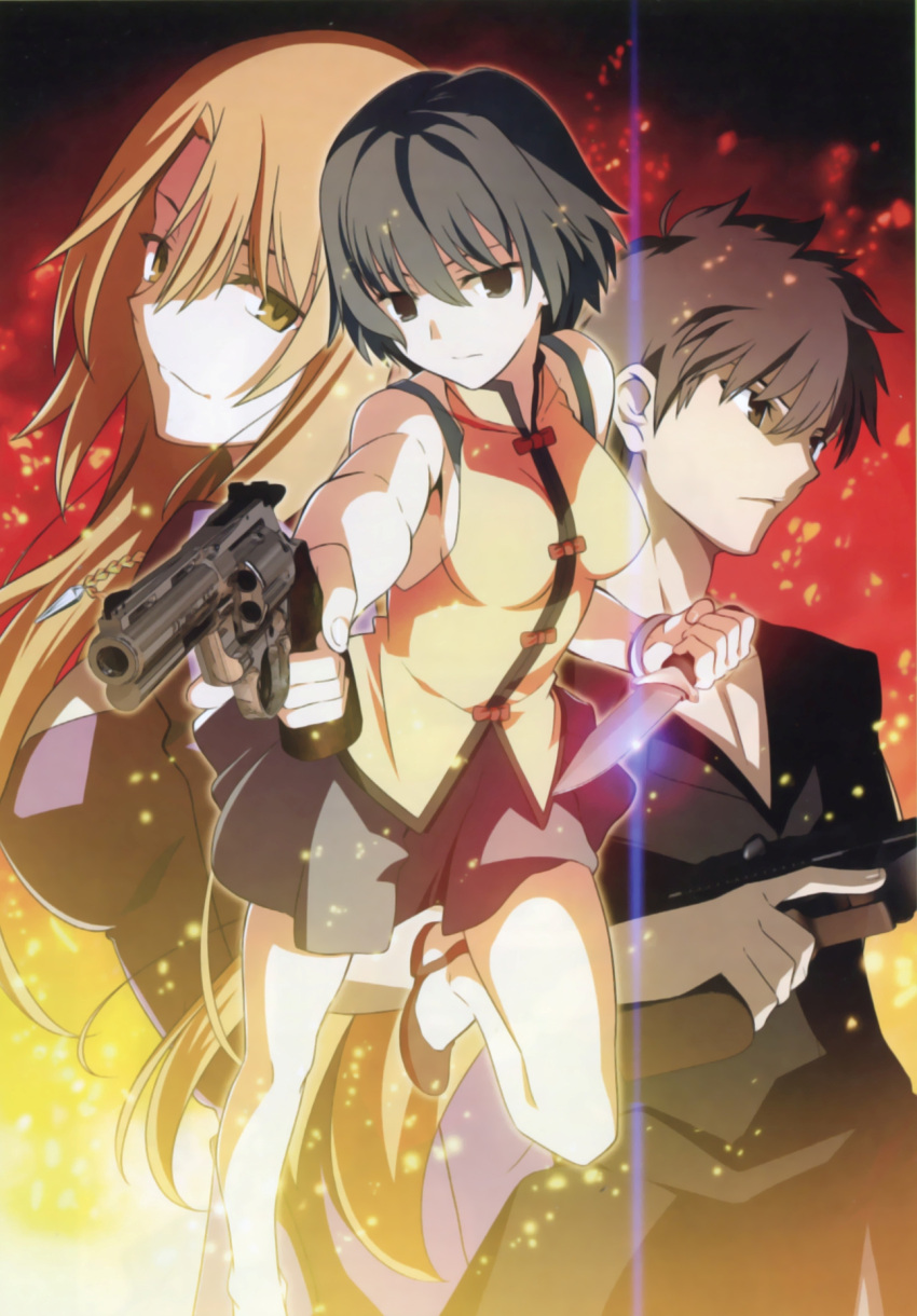 1boy 2girls black_eyes black_hair blonde_hair brown_eyes brown_hair chinese_clothes claudia_mccunnen ein_(phantom_of_inferno) gun handgun highres knife long_hair multiple_girls phantom_of_inferno photoshop_(medium) requiem_for_the_phantom revolver short_hair takeuchi_takashi weapon yellow_eyes zwei_(phantom_of_inferno)