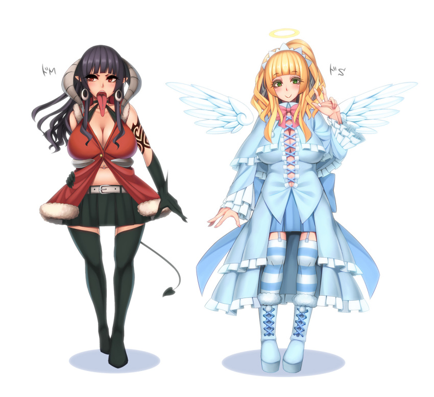 2girls :> angel angel_wings bad_id bad_pixiv_id bare_shoulders belly belt black_hair black_legwear blunt_bangs boots bow breasts center_opening cleavage copyright_request cross-laced_footwear demon_tail detached_wings dress earrings gloves green_eyes halo hand_on_own_hip horns huge_breasts jewelry kate_(alice_catharsis) long_tongue midriff miniskirt multiple_girls navel open_mouth overskirt photoshop_(medium) piercing platform_footwear pointy_ears red_eyes skirt smile standing striped_clothes striped_thighhighs tail tattoo thighhighs tongue tongue_out tongue_piercing translated v wings zettai_ryouiki