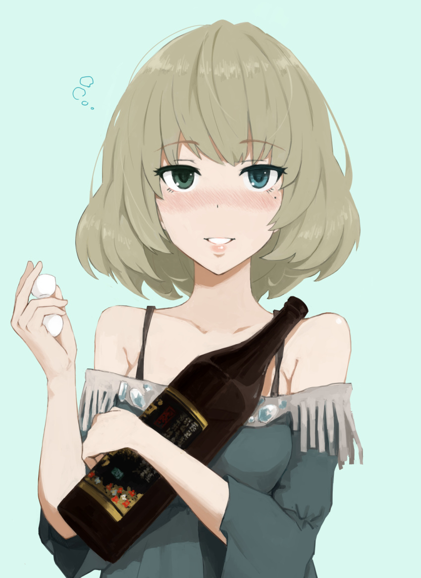 alcohol bad_id bad_pixiv_id bare_shoulders blue_eyes blush bottle brown_hair cup drunk female fringe_trim gomu_(chewinggom) green_eyes heterochromia highres idolmaster idolmaster_cinderella_girls looking_at_viewer mole mole_under_eye open_mouth sake short_hair smile solo takagaki_kaede