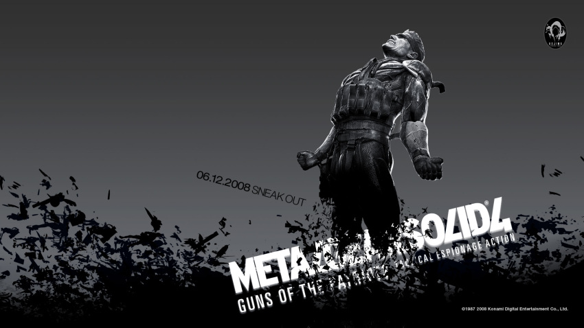 1987 1boy 2008 artist_request copyright_name dissolving highres logo male_focus metal_gear_(series) metal_gear_solid metal_gear_solid_4:_guns_of_the_patriots monochrome official_art official_wallpaper old_snake solid_snake solo vulcan_raven