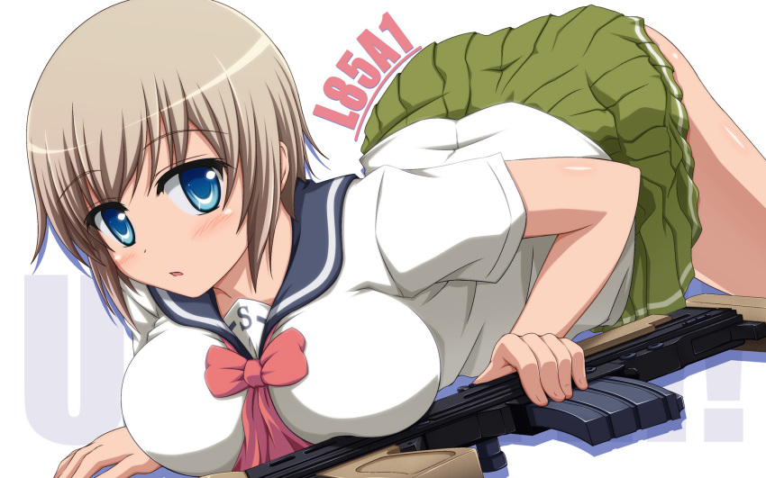 assault_rifle bad_id bad_pixiv_id blue_eyes blue_sailor_collar blush breast_press breasts brown_hair bullpup character_name female green_skirt gun highres ishida_seito l85 l85a1_(upotte!!) large_breasts looking_at_viewer lying miniskirt mismatched_sailor_collar on_stomach photoshop_(medium) pleated_skirt rifle sailor_collar school_uniform serafuku short_hair single_horizontal_stripe skirt solo upotte!! weapon