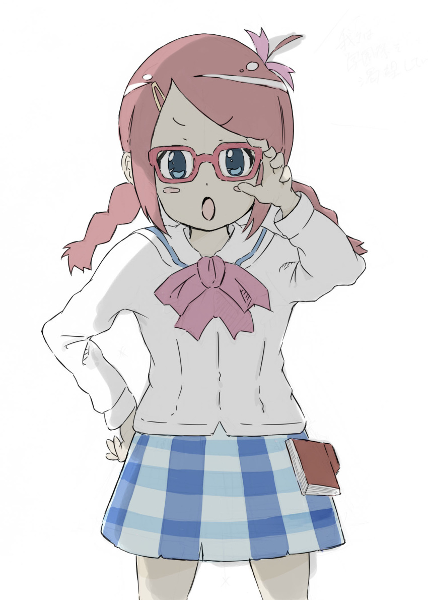 :o a_(tonkatsu_tarou) amamiya_manami blue_eyes blush bow braid cellphone commentary_request female gakuen_utopia_manabi_straight! glasses hair_ornament hair_ribbon hairclip highres long_hair open_mouth phone photoshop_(medium) plaid plaid_skirt ribbon school_uniform seiou_gakuen_school_uniform skirt solo sweater twin_braids twintails