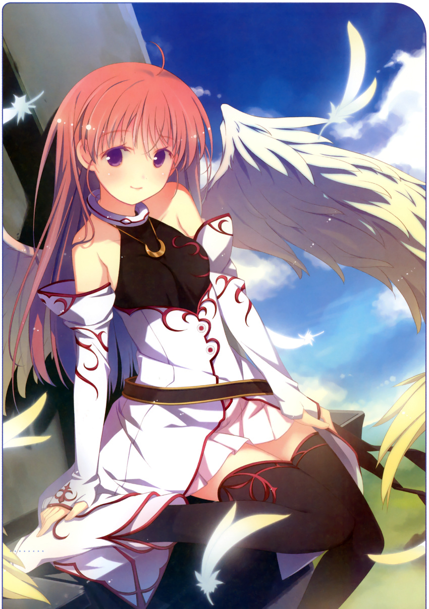 absurdres aiyoku_no_eustia bare_shoulders black_thighhighs blue_sky boots crescent_moon day detached_sleeves eustia_astraea feathers female halterneck highres jewelry leg_up long_hair moon necklace pink_hair pleated_skirt purple_eyes ruroo scan sitting skirt sky smile solo thighhighs wings zettai_ryouiki