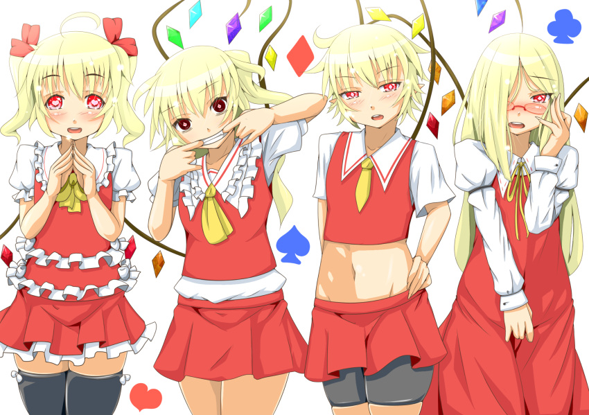 4girls adapted_costume alternate_hairstyle ascot bespectacled bike_shorts black_thighhighs blonde_hair blush cheek_pull club_(shape) commentary_request diamond_(shape) dress flandre_scarlet four_of_a_kind_(touhou) glasses grin hair_ribbon hand_on_own_hip heart heart-shaped_pupils highres himenomikan long_hair long_sleeves midriff multiple_girls multiple_persona navel open_mouth pointy_ears red_dress red_eyes red_skirt ribbon shirt short_hair short_sleeves shorts shorts_under_skirt side_ponytail skirt smile spade_(shape) symbol-shaped_pupils thighhighs touhou vest wings zettai_ryouiki