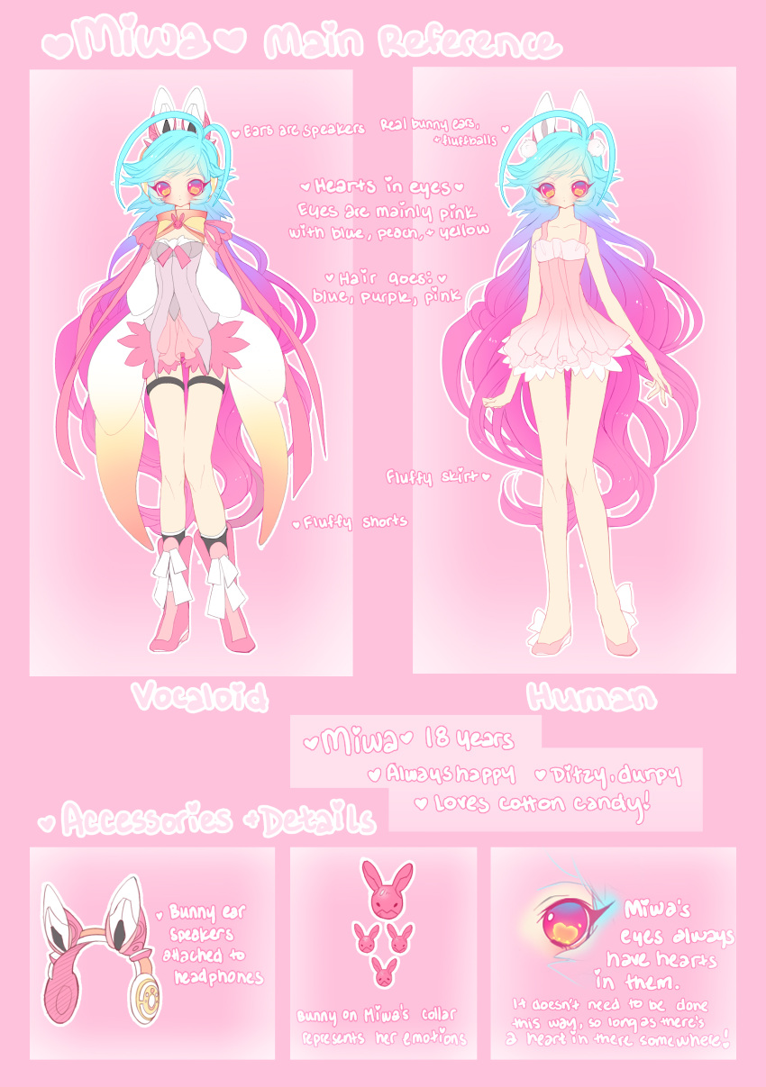 absurdres ahoge animal_ears bad_deviantart_id bad_id english_text female gaia_online headphones heart highres long_hair melodeiia original photoshop_(medium) pink_theme rabbit_ears reference_sheet shoes skirt very_long_hair vocaloid