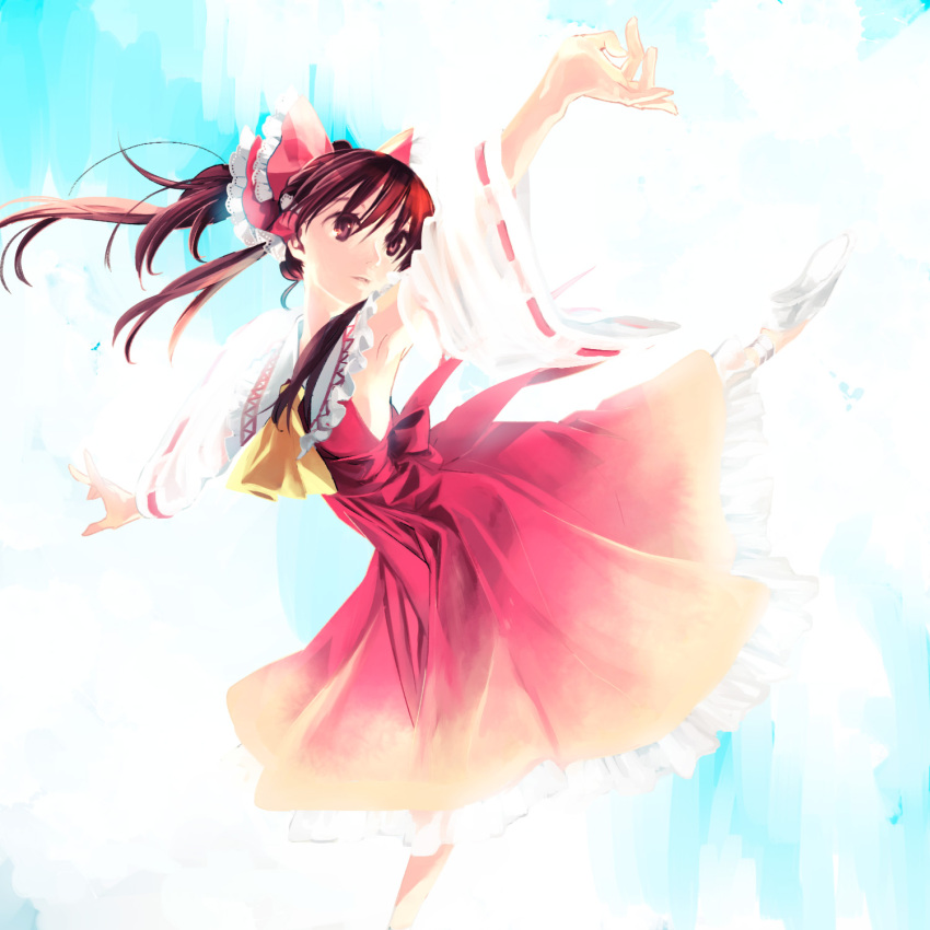 arm_up armpits ascot bow brown_eyes brown_hair commentary_request dancing detached_sleeves dress female floating_hair hairbow hakurei_reimu highres kayako_(tdxxxk) lace long_hair looking_away pale_color ponytail pose red_dress sky solo standing standing_on_one_leg touhou wide_sleeves