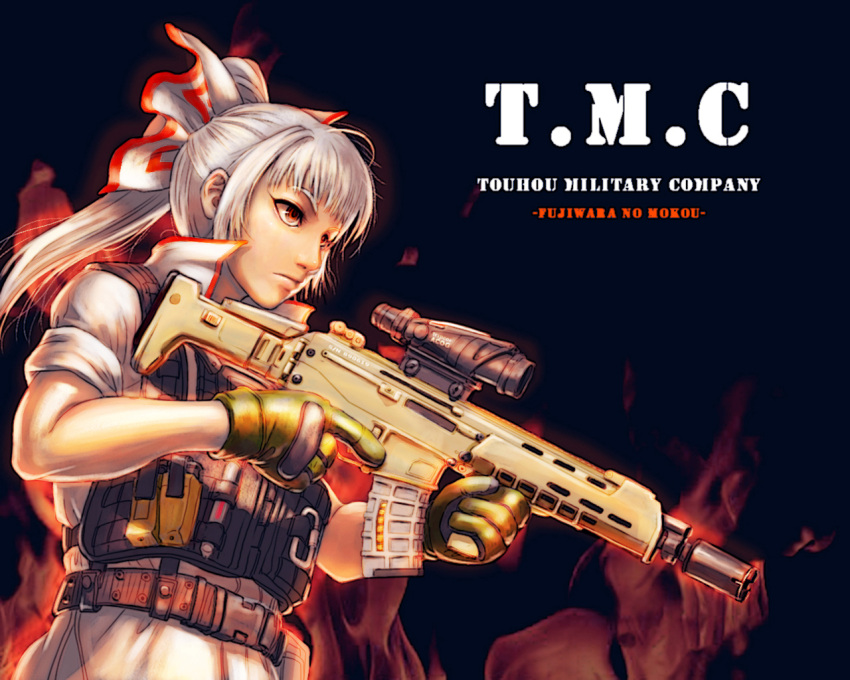 acog adaptive_combat_rifle alternate_costume alternate_hairstyle assault_rifle bow commentary_request female fujiwara_no_mokou gun hairbow long_hair military_operator photoshop_(medium) ranger_(mll0101) red_eyes remington_arms rifle short_sleeves sleeves_rolled_up solo touhou trigger_discipline vest weapon white_hair