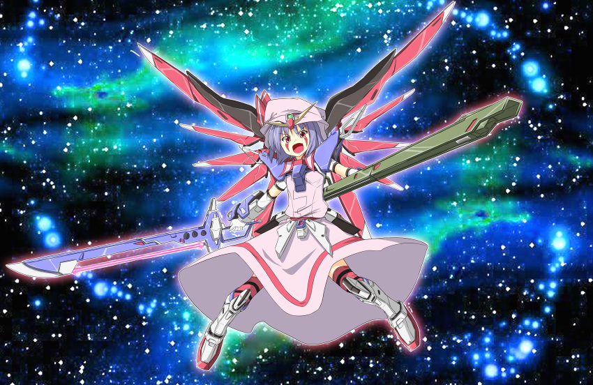 armor beam_saber blue_hair commentary_request destiny_gundam female gun gundam gundam_seed gundam_seed_destiny hat hat_ribbon highres kazawa_(tonzura-d) long_skirt mecha_musume open_mouth red_eyes red_wings remilia_scarlet ribbon rifle short_hair skirt solo sword tattoo touhou weapon wings