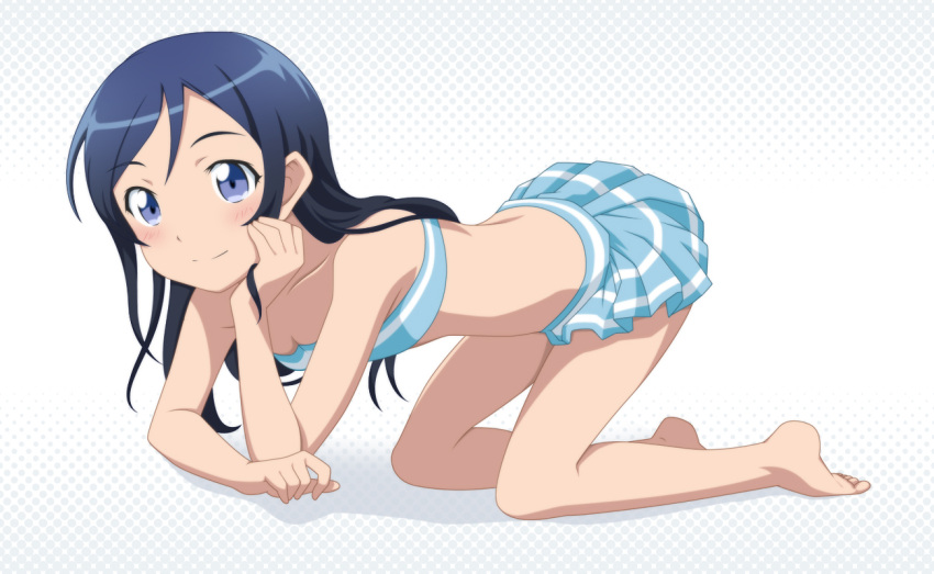 all_fours aragaki_ayase arm_support bandeau barefoot bikini bikini_skirt blue_eyes blue_hair blush breasts commentary_request female halftone halftone_background hand_on_own_cheek hand_on_own_face legs long_hair long_legs looking_at_viewer ore_no_imouto_ga_konna_ni_kawaii_wake_ga_nai small_breasts smile smile_(rz) solo swimsuit