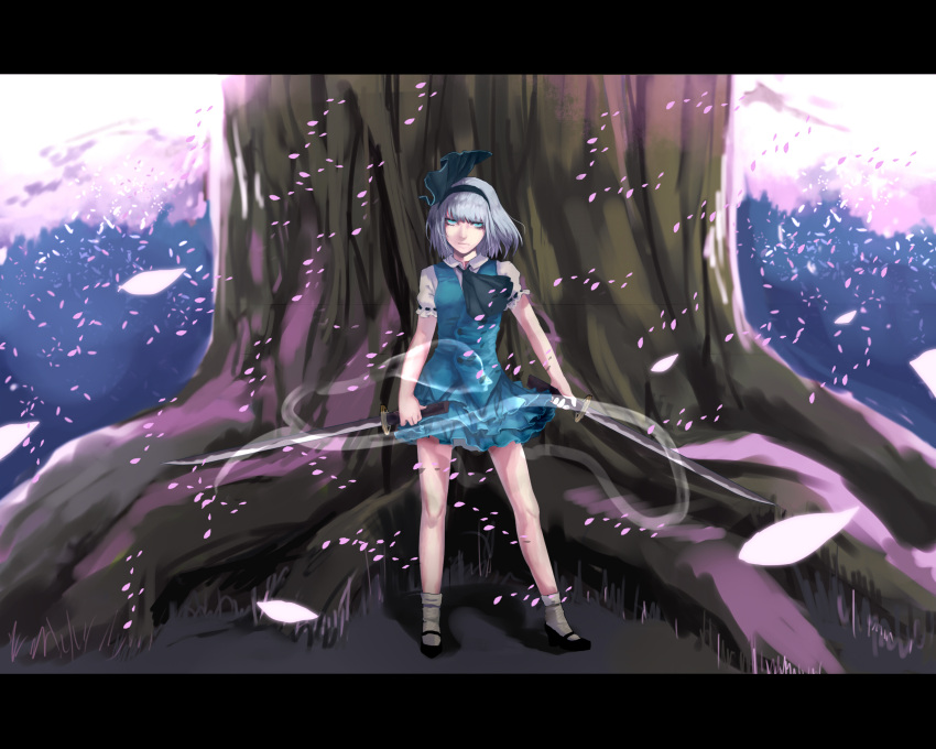 aqua_eyes ascot bad_id bad_pixiv_id black_hairband bobby_socks cherry_blossoms dual_wielding expressionless female formal hairband highres holding john_marica katana konpaku_youmu konpaku_youmu_(ghost) letterboxed mary_janes miniskirt saigyou_ayakashi shoes short_hair skirt skirt_suit socks solo suit sword touhou tree vest weapon white_hair