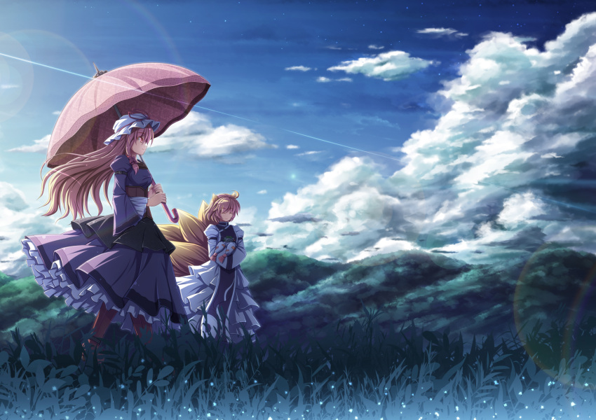 2girls akashio_(loli_ace) animal_ears blonde_hair blue_eyes blue_sky bow chen chen_(cat) closed_mouth cloud commentary_request day dress fox_ears fox_tail frills hair_over_shoulder hairbow hands_in_opposite_sleeves hat hat_ribbon holding holding_umbrella lens_flare long_hair mob_cap mountain multiple_girls multiple_tails outdoors ribbon scenery short_hair sky smile standing tabard tail touhou umbrella unworn_hat unworn_headwear white_headwear wide_shot wide_sleeves yakumo_ran yakumo_yukari yellow_eyes