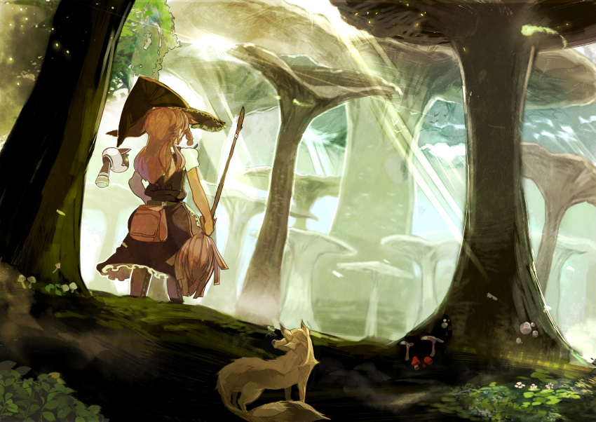 animal bad_id bad_pixiv_id bag black_hat black_skirt black_vest blonde_hair braid broom brown_bag brown_footwear crossover female forest from_behind hat highres himuro_shunsuke holding holding_broom kirisame_marisa long_hair mag_(phantasy_star) mushroom nature phantasy_star phantasy_star_portable_2 scenery short_sleeves side_braid single_braid skirt skirt_set solo standing touhou vest witch_hat