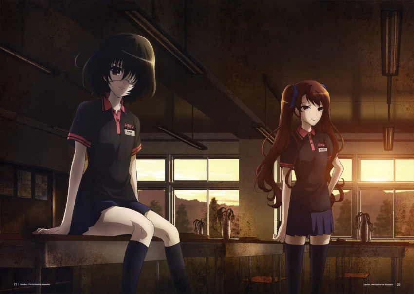 2girls absurdres akazawa_izumi another black_hair black_legwear brown_hair classroom clothes_writing employee_uniform eyepatch hair_ribbon hand_on_own_hip highres hmv imageboard_desourced legs long_hair looking_at_viewer misaki_mei multiple_girls non-web_source official_art polo_shirt red_eyes ribbon school short_hair socks thighhighs twintails uniform very_long_hair zettai_ryouiki