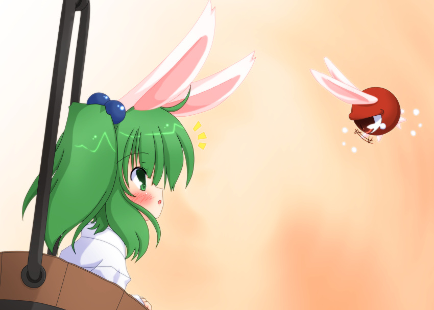 ^^^ ahoge animal_ears asagiri_hayate blush bucket commentary_request female green_eyes green_hair hair_bobbles hair_ornament highres in_bucket in_container kisume open_mouth rabbit_ears red_eyes short_hair side_ponytail solo tears third_eye touhou wooden_bucket