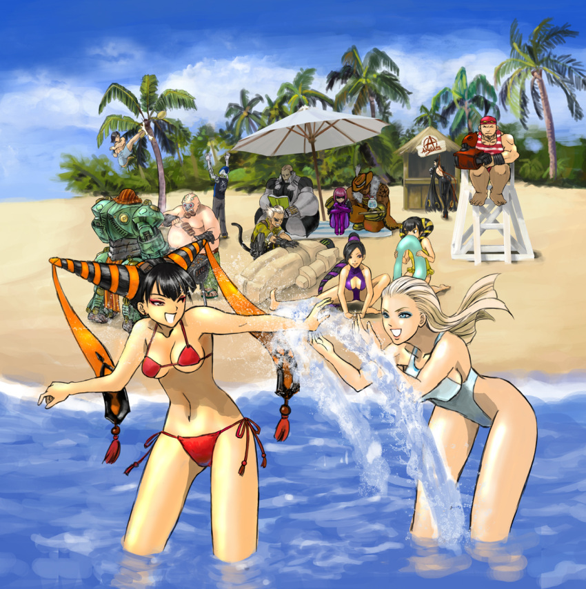 6+boys 6+girls ai_rin anarchy_reigns barbot bayonetta bayonetta_(character) beach bikini blacker_baron crossover dark_skin douglas_williamsburg durga_(max_anarchy) edgar_oinkie everyone fei_rin highres jack_cayman leonhardt_victorion lifeguard mathilda mathilda_(madworld) max_anarchy multiple_boys multiple_girls nikolai_dimitri_bulygin reading rin_rin sasha_ivanoff shirtless splash splashing swimsuit zero_(max_anarchy)