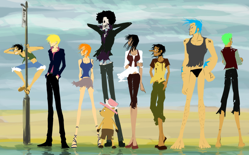 2girls 6+boys 6boys afro barefoot black_hair blonde_hair blue_hair brook bus_stop cloud crossed_arms cyborg franky full_body green_hair hand_on_hip hands_in_pockets hat hips monkey_d_luffy multiple_boys multiple_girls nami nami_(one_piece) nico_robin one_piece orange_hair outdoors reflection reindeer roronoa_zoro sandals sanji scar scenery skeleton skirt speedo standing swim_briefs tattoo tony_tony_chopper usopp water wind