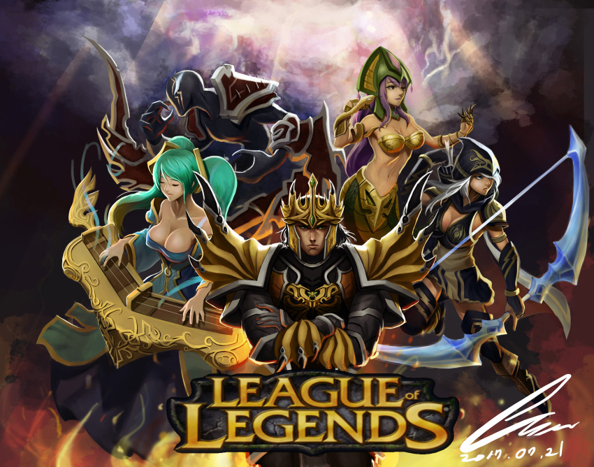 2boys 3girls absurdres armor arrow_(projectile) ashe_(league_of_legends) black_hair blonde_hair blue_eyes boots bow_(weapon) breasts brown_eyes cassiopeia_(league_of_legends) claws cleavage closed_eyes cloud commentary_request crossed_arms green_eyes green_hair helmet highres hood hoodie instrument jarvan_iv_(league_of_legends) lamia large_breasts league_of_legends light_purple_hair long_hair monster_girl multicolored_hair multiple_boys multiple_girls navel nocturne_(league_of_legends) one_eye_closed oz_(gerbera7) photoshop_(medium) short_hair snake sona_(league_of_legends) thigh_boots thighhighs twintails weapon white_hair