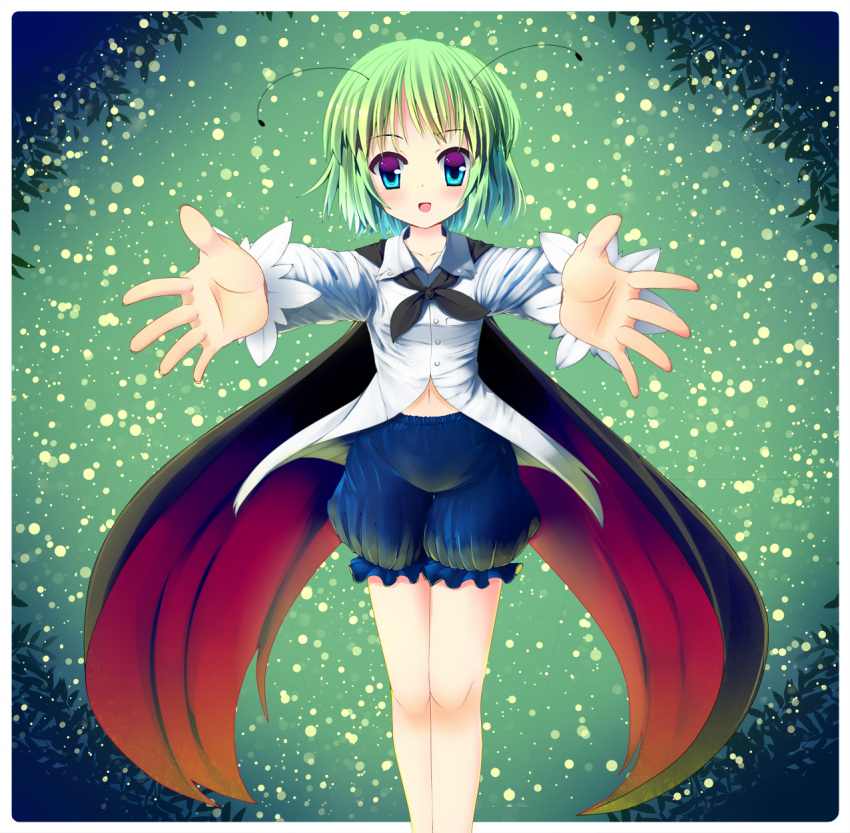 antennae aqua_eyes aqua_hair bad_id bad_pixiv_id blush cape dx_(dekusu) female gradient_hair green_hair highres long_sleeves multicolored_eyes multicolored_hair navel open_mouth pink_eyes short_hair solo touhou wriggle_nightbug