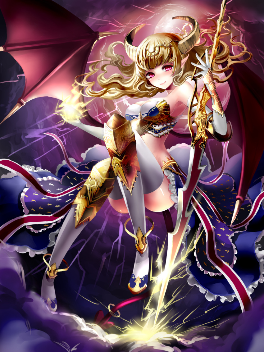 armor bad_id bad_pixiv_id blonde_hair boots cloud dragon_wings elbow_gloves electricity fantasy female gloves highres horns long_hair looking_at_viewer original photoshop_(medium) pink_eyes pointy_ears smile solo terai_(teraimorimori) thigh_boots thighhighs weapon wings