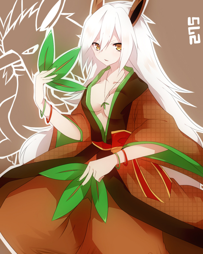 animal_ears bracelet breasts cleavage commentary_request creature_and_personification female hand_fan highres japanese_clothes jewelry kimono leaf_fan long_hair medium_breasts nail_polish necklace pendant personification pokedex_number pokemon shiftry solo takeshima_eku white_hair yellow_eyes