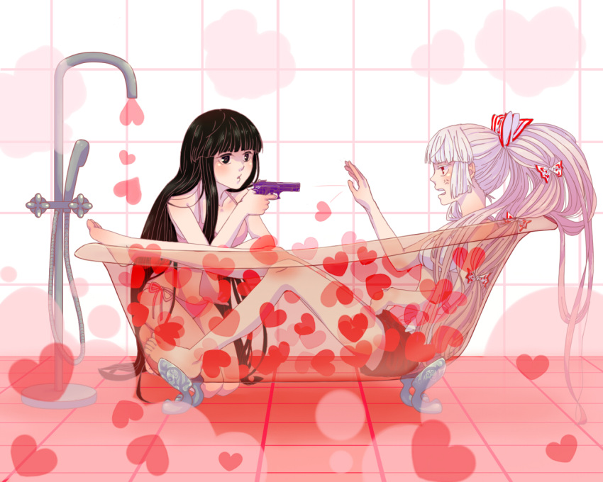 2girls ameya_nihachi anger_vein barefoot bathtub bikini black_eyes black_hair bow claw_foot_bathtub collarbone commentary_request fujiwara_no_mokou hairbow heart houraisan_kaguya kneeling long_hair multiple_girls ponytail red_eyes same-sex_bathing shared_bathing shorts shower_head side-tie_bikini_bottom sitting slipper_bathtub swimsuit touhou transparent transparent_bathtub very_long_hair water_gun white_hair