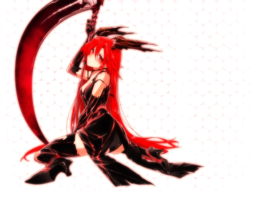 black_thighhighs dakara_boku_wa_h_ga_dekinai elbow_gloves female full_body gloves head_wings high_heels highres holding katsurai_yoshiaki lisara_restall looking_at_viewer official_art photoshop_(medium) red_eyes red_hair scythe shoes simple_background sitting solo thighhighs wariza white_background wings