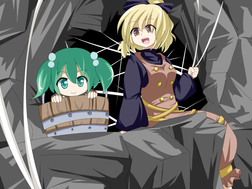 2girls adda blonde_hair bow brown_eyes bucket commentary_request green_eyes green_hair hair_bobbles hair_ornament hairbow highres in_bucket in_container kisume kurodani_yamame long_sleeves multiple_girls open_mouth puffy_sleeves short_hair silk smile spider_web touhou twintails wooden_bucket