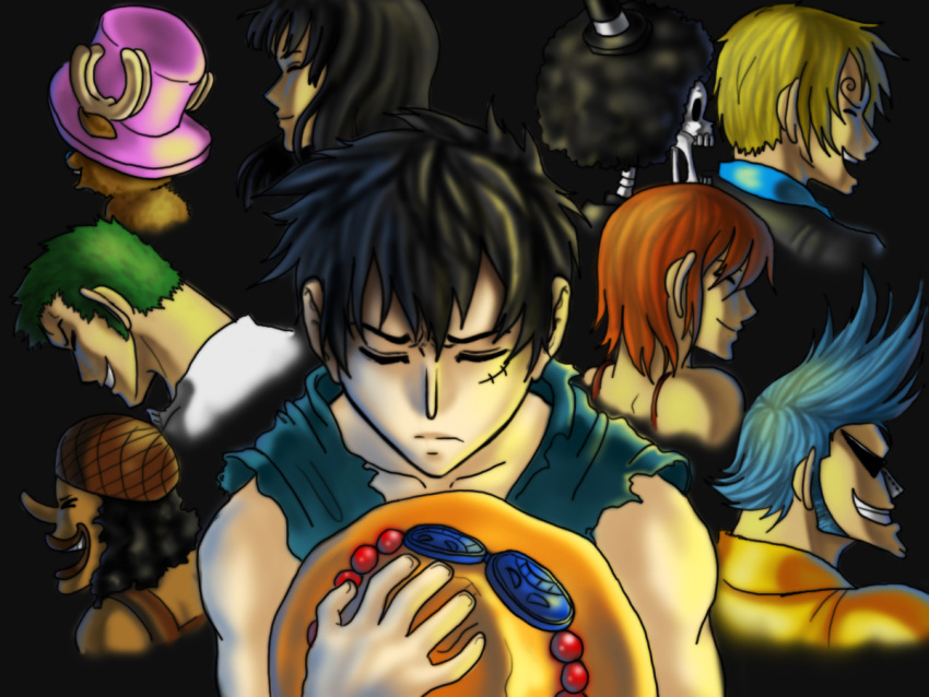 2girls 6+boys 6boys amazon_lily bandana beads black_hair blonde_hair brook brothers cyborg death female franky green_hair male monkey_d_luffy multiple_boys multiple_girls nami nami_(one_piece) nico_robin one_piece orange_hair portgas_d_ace reindeer roronoa_zoro sad_face sanji scar siblings skeleton smiley tony_tony_chopper torn_clothes usopp