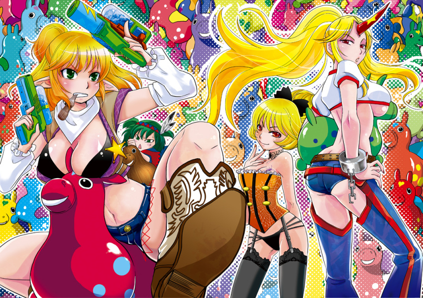 4girls adapted_costume alternate_breast_size alternate_costume alternate_hairstyle black_legwear blonde_hair blush bow breasts bug bustier chaps commentary_request cuffs detached_sleeves garter_straps green_eyes green_hair hairbow holding holding_water_gun horns hoshiguma_yuugi kisume kurodani_yamame large_breasts long_hair medium_breasts mizuhashi_parsee multiple_girls navel open_mouth photoshop_(medium) pointy_ears ponytail puffy_sleeves red_eyes shackles shirt short_hair short_sleeves single_horn sleeveless smile spider star_(symbol) tattoo thighhighs touhou toy twintails underboob water_gun yotsuba_yuiko