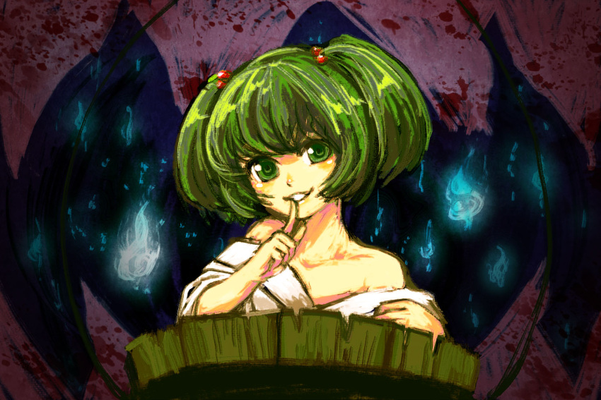 bare_shoulders bucket commentary_request female green_eyes green_hair hair_bobbles hair_ornament in_bucket in_container kisume kitayuki_kajika off_shoulder short_hair smile solo touhou twintails