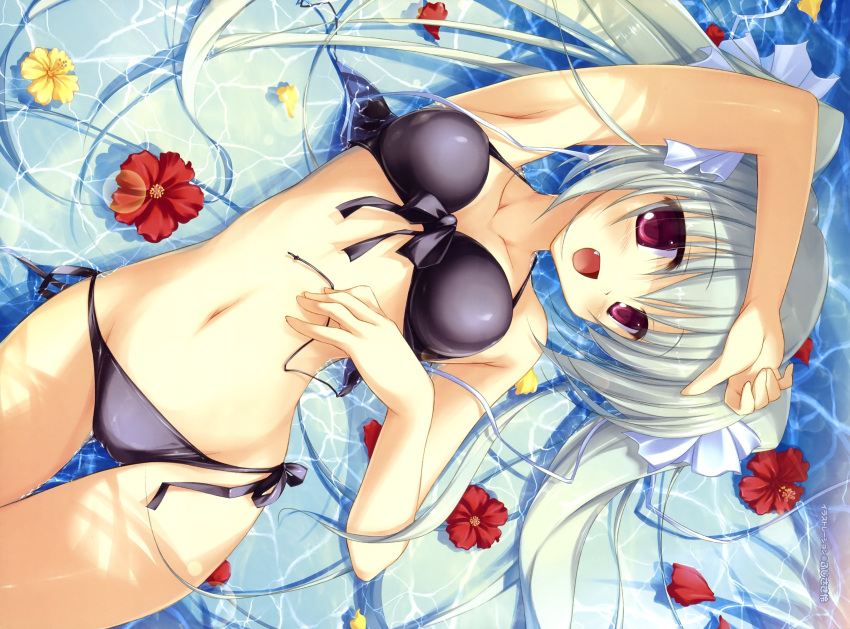 absurdres arm_up armpits bikini female fujisaki_rei highres long_hair lying navel oerba_yun_fang on_back original partially_submerged red_eyes ribbon scan side-tie_bikini_bottom silver_hair solo swimsuit thigh_gap twintails water