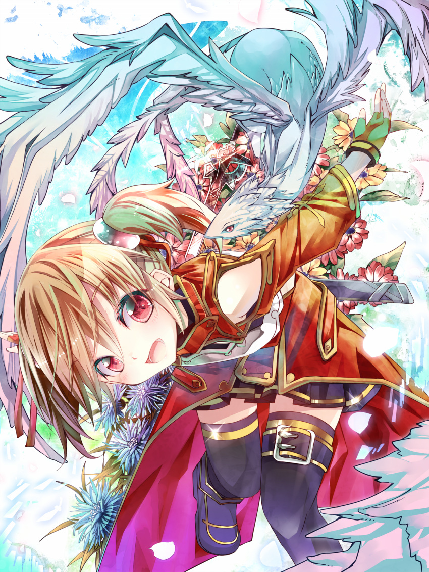 animal blonde_hair commentary_request detached_sleeves female fingerless_gloves flower gloves highres open_mouth petals pina_(sao) red_eyes scabbard sheath sho_(runatic_moon) short_hair short_twintails silica sword_art_online thighhighs twintails