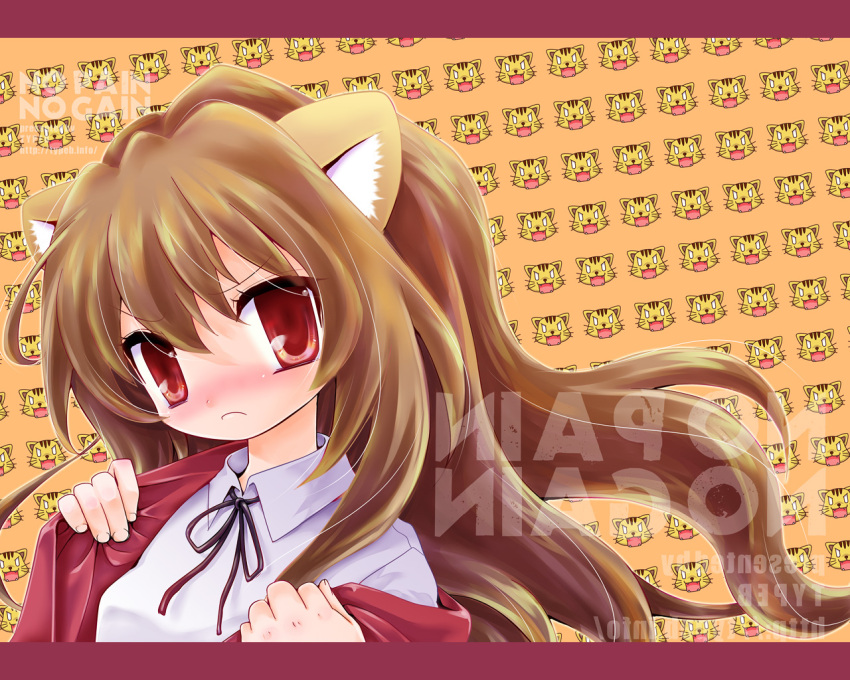 aisaka_taiga animal_ears blush brown_hair closed_mouth collared_shirt commentary_request female frown jacket long_hair looking_at_viewer nayumi oohashi_high_school_uniform palmtop_tiger red_eyes red_jacket school_uniform shirt solo tiger tiger_ears toradora! upper_body white_shirt