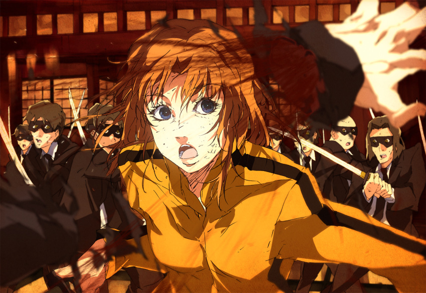 6+boys animification beatrix_kiddo blood blue_eyes blurry bruce_lee's_jumpsuit commentary_request crazy_88 depth_of_field female highres katana kill_bill kitano_yuusuke lips multiple_boys open_mouth orange_hair severed_hand sword weapon