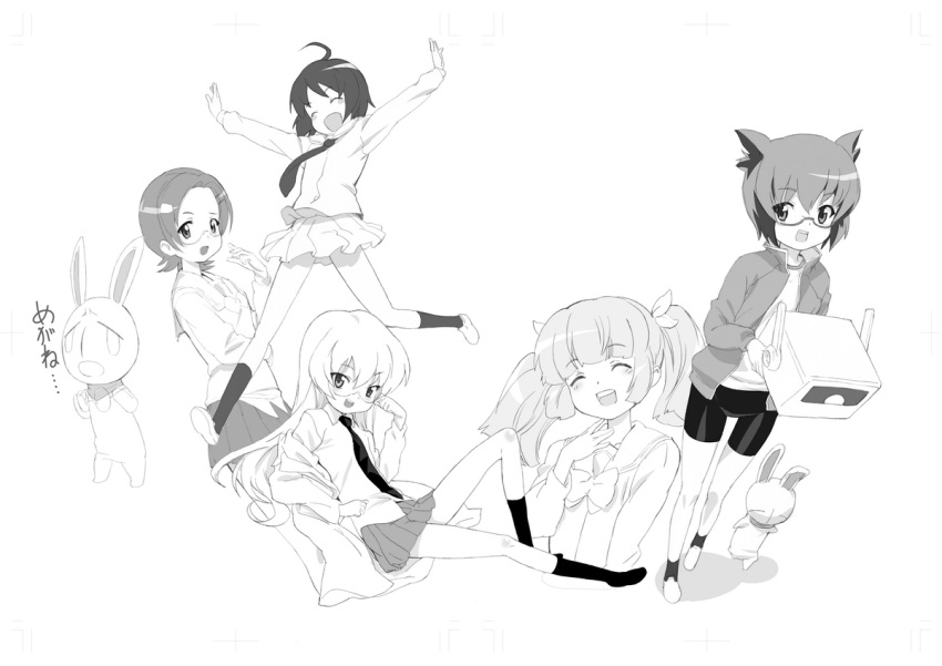 5girls ahoge bike_shorts commentary_request glasses greyscale katagiri_himeko makacoon mesousa monochrome multiple_girls pani_poni_dash! rebecca_miyamoto school_uniform serizawa_akane skirt socks suzuki_sayaka uehara_miyako