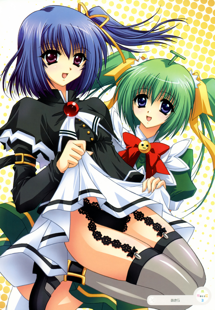 2girls absurdres akira_(usausa) black_lemon-chan black_panties blue_eyes blue_hair bow clothes_lift dress dress_lift green_hair highres lingerie long_hair maid mascot melon-chan melonbooks multiple_girls panties purple_eyes short_hair side_ponytail thighhighs twintails underwear yellow_bow