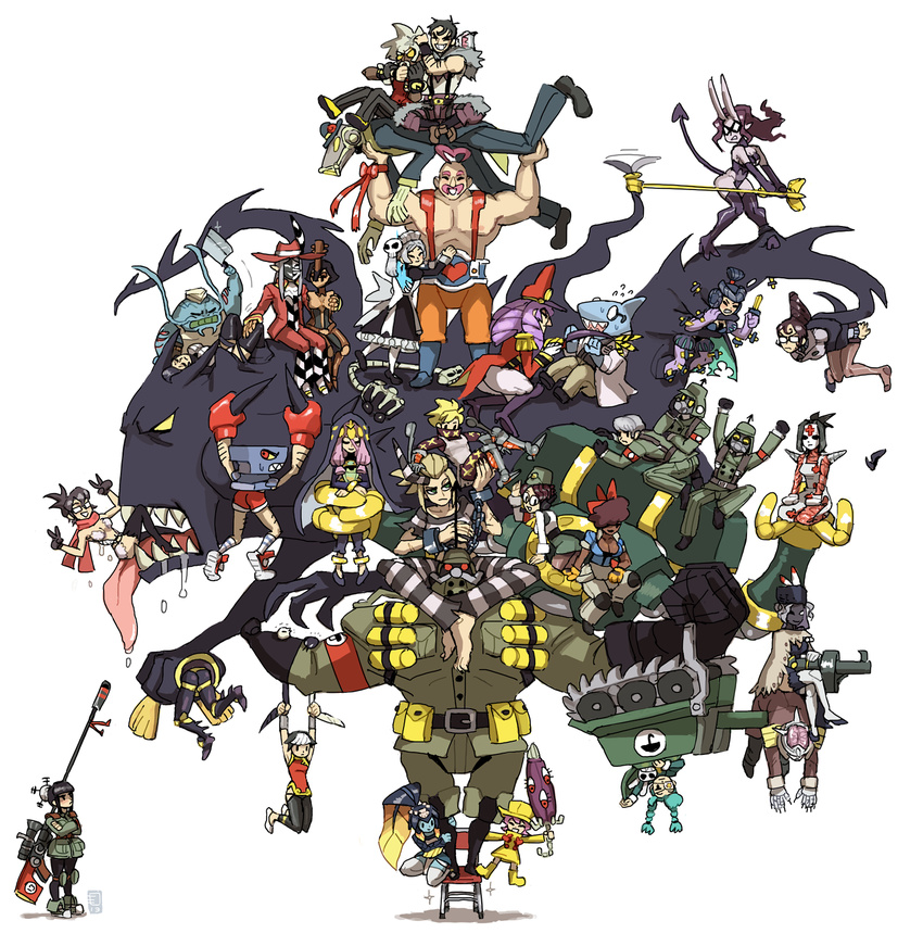 6+boys 6+girls absolutely_everyone adam_kapowski aeon_(skullgirls) afterimage ahoge andy_anvil annie_(skullgirls) anvil apron armband balancing bandana barefoot beatrix_(skullgirls) beowulf_(skullgirls) big_band black_dahlia black_egrets black_hair blonde_hair bloody_marie_(skullgirls) blue_skin boots boxing_gloves braid brain_drain_(skullgirls) breasts brown_hair bun_cover capri_pants chains chair chinese_clothes cleavage cleaver closed_umbrella colored_skin commentary_request crossed_arms crossed_legs cuffs cyborg d._violet dark_skin double_v drill_hair dual_persona emlan everyone eyepatch facial_hair feng_(skullgirls) filia_(skullgirls) fins fish_girl folding_chair garrison_cap gas_mask giant giantess glasses green_hair grenade_launcher gun hair_bun hair_ornament hair_over_one_eye hat hat_feather heart heart_ahoge helmet highres hive_(skullgirls) hood horns hubrecht_hertz_adelhardt hug hungern_(skullgirls) ileum_(skullgirls) instrument isaac_(skullgirls) juju_(skullgirls) knee_pads knees_together_feet_apart knife large_breasts leduc_(skullgirls) lifting maid maid_headdress mask md5_mismatch military military_uniform military_vehicle minette_(skullgirls) molly_(skullgirls) monster monster_boy monster_girl motor_vehicle moustache mrs._victoria_(skullgirls) multicolored_hair multiple_boys multiple_girls muse_(skullgirls) noogie open_mouth ottomo_(skullgirls) pants pantyhose panzerfaust_(skullgirls) personification pink_hair prison_clothes purple_hair raincoat regina_(skullgirls) rifle robot roxie_(skullgirls) rubber_boots sagan_(skullgirls) samson_(skullgirls) scope scythana shackles shark sharp_teeth shirt single_hair_bun single_horn sitting sitting_on_person size_difference skull_hair_ornament skullgirls sniper_rifle stanley_whitefin striped_clothes striped_pants striped_shirt stuffed_animal stuffed_rabbit stuffed_toy superhero_costume suspenders taliesin_(skullgirls) tank teacher teeth the_hurting thigh_boots thigh_grab thighhighs topless_male twin_braids two-tone_hair umbrella umbrella_(skullgirls) uniform upside-down v veil venus_(skullgirls) very_dark_skin weapon white_hair white_legwear yu-wan_(skullgirls)