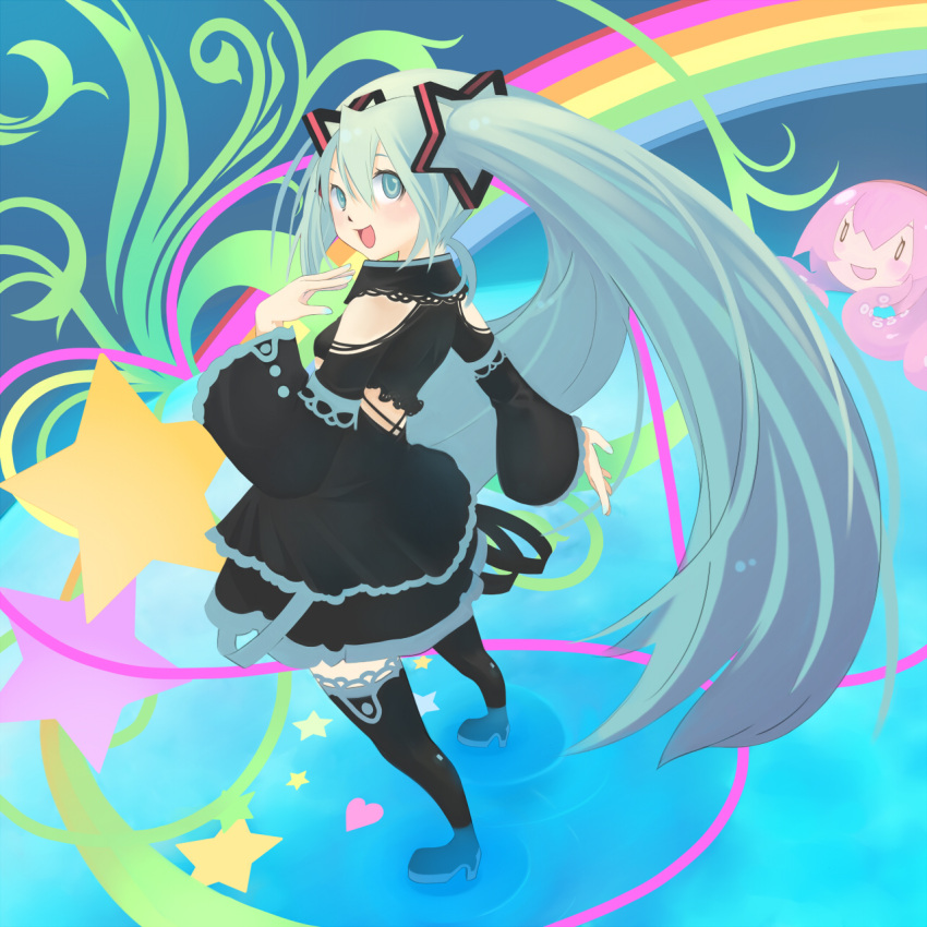 0_0 black_dress blue_eyes blue_hair blue_nails blush boots colorful commentary_request dress female happy hatsune_miku heart highres kotetsu_motoya laughing long_hair looking_back megurine_luka nail_polish octopus rainbow ribbon star_(symbol) takoluka thigh_boots thighhighs twintails very_long_hair vocaloid wading water