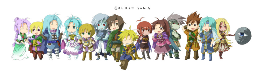 6+boys 6+girls agatio_(golden_sun) alex_(golden_sun) annotation_request bad_id bad_pixiv_id blonde_hair blue_eyes blue_hair braid brother_and_sister brown_eyes brown_hair chibi closed_eyes dress everyone felix_(golden_sun) garet_(golden_sun) golden_sun green_eyes grey_hair hair_over_one_eye hama_(golden_sun) highres isaac_(golden_sun) ivan_(golden_sun) karst_(golden_sun) long_hair menardi_(golden_sun) mia_(golden_sun) multiple_boys multiple_girls one_eye_closed open_mouth piers_(golden_sun) ponytail purple_eyes purple_hair red_eyes red_hair rock saturos_(golden_sun) scarf sheba_(golden_sun) short_hair siblings sisters skirt smile tsuyu_(hitotose) wise_one_(golden_sun)