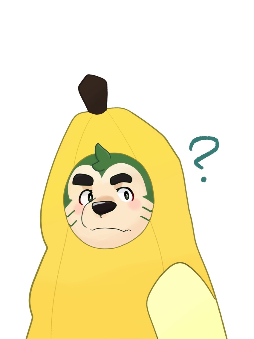 3:4 anthro banana banana_costume blush canid canine canis clothing costume domestic_dog eyebrows food food_costume fruit fur green_body green_fur gukibear hi_res humor lifewonders live_a_hero male mammal mokdai plant question_mark slightly_chubby solo thick_eyebrows