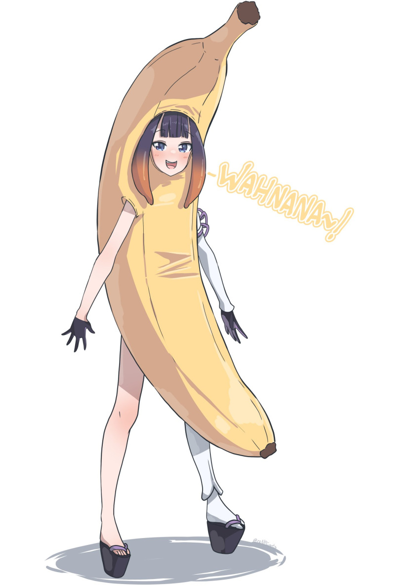 :d banana banana_costume black_footwear black_gloves blunt_bangs costume english_commentary english_text female food fruit geta gloves gradient_hair highres hololive hololive_english kiirokuma multicolored_hair ninomae_ina'nis open_clothes orange_hair platform_footwear purple_eyes purple_hair sandals sidelocks single_sleeve single_sock smile socks solo tentacle_hair virtual_youtuber white_background zouri