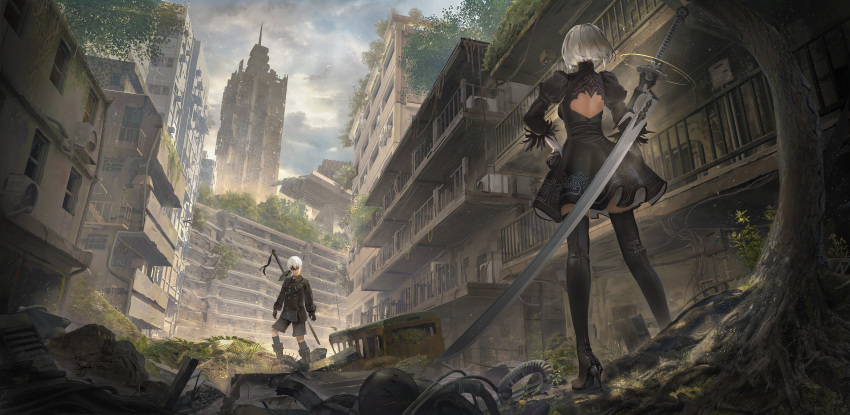 1boy 2b_(nier:automata) 9s_(nier:automata) absurdres back_cutout black_dress black_footwear black_gloves black_jacket blindfold boots building buttons closed_mouth clothing_cutout cloud cloudy_sky double-breasted dress female gloves hand_on_own_hip high_heel_boots high_heels highres jacket juliet_sleeves long_sleeves nier:automata nier_(series) outdoors photoshop_(medium) plant_roots post-apocalypse puffy_sleeves rayxray ruins scenery short_dress short_hair sky skyscraper sword thigh_boots thighhighs tire tree weapon white_hair