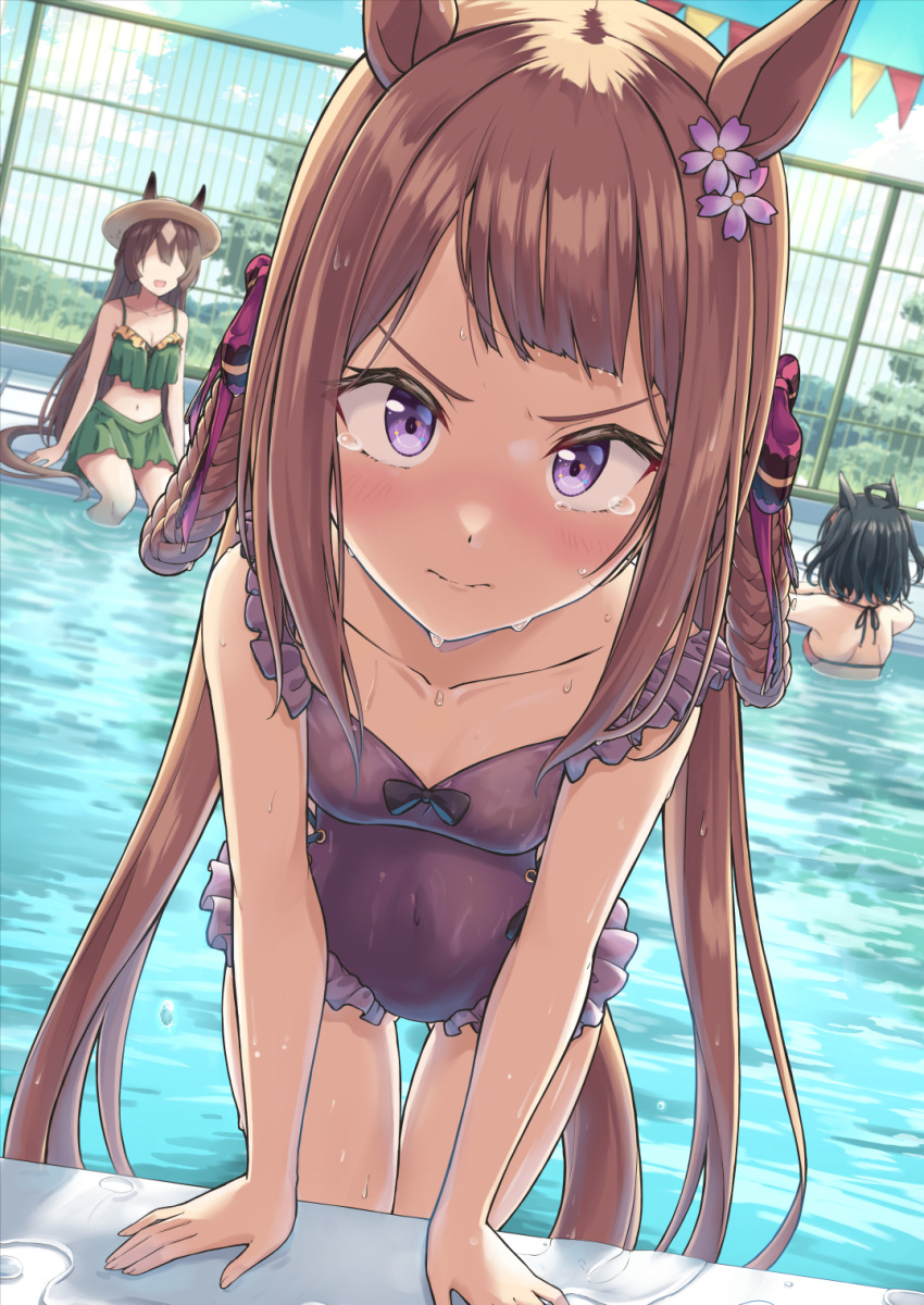 3girls ahoge animal_ears bikini blush brown_hair casual_one-piece_swimsuit closed_mouth collarbone day flower green_bikini hair_flower hair_ornament hair_rings highres horse_ears horse_girl horse_tail kitasan_black_(umamusume) long_hair looking_at_viewer multiple_girls murasaki_himuro official_alternate_costume one-piece_swimsuit outdoors pink_flower pool purple_eyes purple_one-piece_swimsuit satono_diamond_(umamusume) sweep_tosho_(monopolizing_the_chill?)_(umamusume) sweep_tosho_(umamusume) swimsuit tail tears twintails umamusume water wet