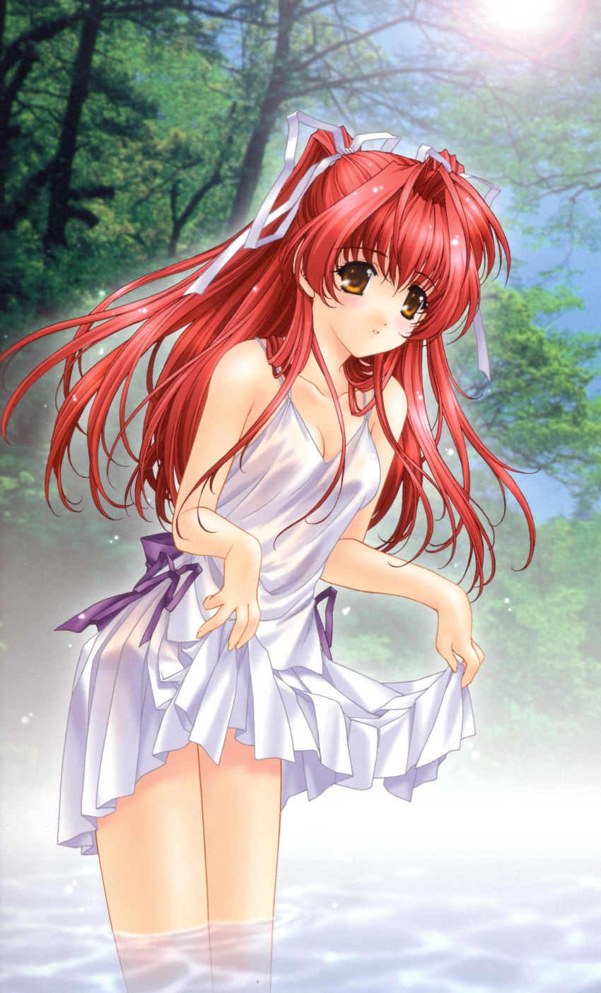 absurdres blush breasts cleavage day female forest hair_ribbon highres kimizuka_aoi lens_flare long_hair medium_breasts nature non-web_source orange_eyes outdoors photo_background photoshop_(medium) red_hair ribbon shinbashi_mina skirt skirt_hold skirt_set solo spaghetti_strap suki_da_yo! tree wading water white_skirt