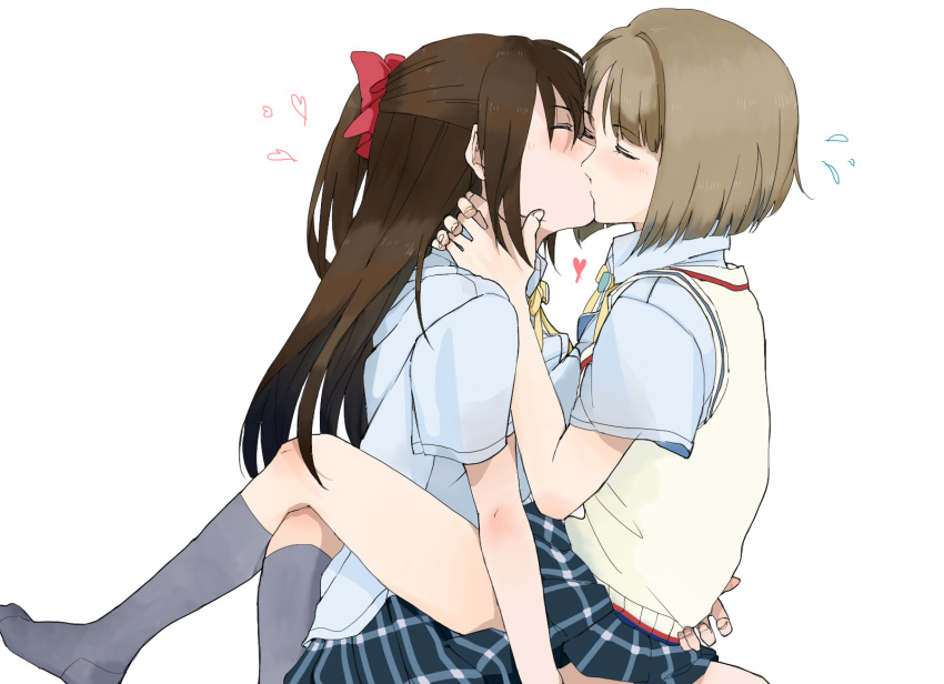 2girls asymmetrical_hair bad_id bad_pixiv_id blush bob_cut bow brown_hair closed_eyes collared_shirt commentary commentary_request dress_shirt face-to-face grey_hair grey_skirt hair_between_eyes hairbow half_updo highres kissing leg_lock long_hair love_live! love_live!_nijigasaki_high_school_idol_club miyo_(aenmix) multiple_girls nakasu_kasumi neck_ribbon nijigasaki_school_uniform no_shoes osaka_shizuku partial_commentary plaid plaid_skirt pleated_skirt ponytail red_bow ribbon school_uniform shirt short_hair short_sleeves sidelocks sitting sitting_on_lap sitting_on_person skirt summer_uniform sweater_vest vest white_shirt white_vest yellow_ribbon yuri