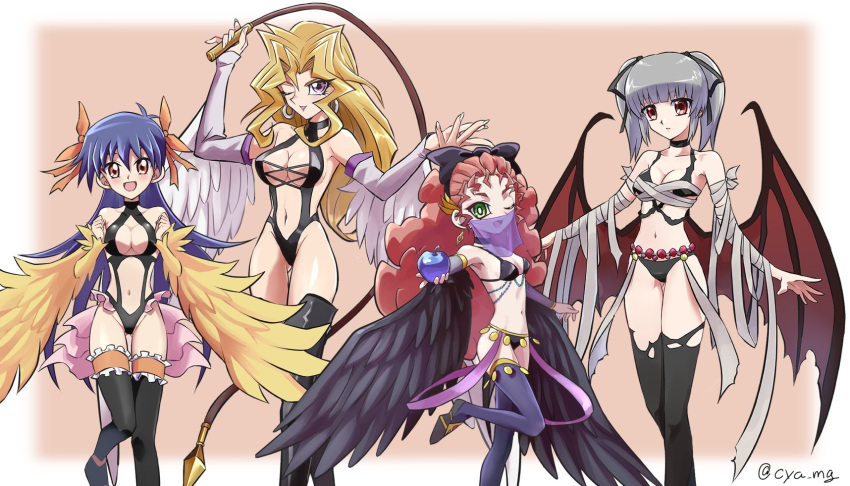 4girls adapted_costume apple bandages bat_wings blonde_hair blue_hair breasts chaya_mago commentary_request cosplay detached_sleeves earrings feathered_wings food fruit green_eyes grey_hair harpie_dancer harpie_dancer_(cosplay) harpie_queen harpie_queen_(cosplay) highres hochun_mieru jewelry kujaku_mai large_breasts looking_at_viewer maiden_in_love maiden_in_love_(cosplay) medium_breasts mouth_veil multiple_girls one_eye_closed purple_eyes rain_megumi red_eyes red_hair revealing_clothes saotome_rei signature small_breasts thighhighs twintails vampire_grimson vampire_grimson_(cosplay) veil whip winged_arms wings yu-gi-oh! yu-gi-oh!_arc-v yu-gi-oh!_duel_monsters yu-gi-oh!_gx yu-gi-oh!_tag_force