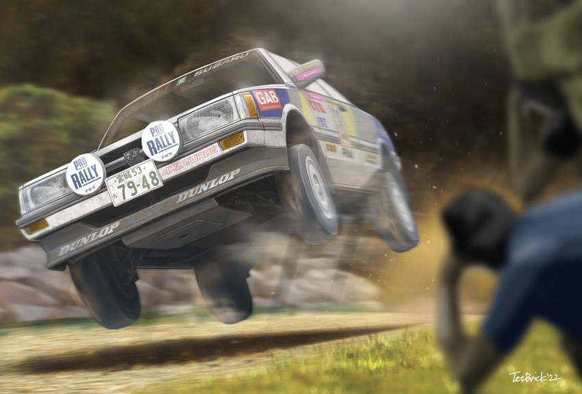 1boy airborne artist_name blurry blurry_foreground car commentary_request headlight japanese_rally_championship jettoburikku male_focus motion_blur motor_vehicle race_vehicle racecar rally_car real_life realistic shadow solo_focus sports_car subaru_(brand) subaru_leone vehicle_focus