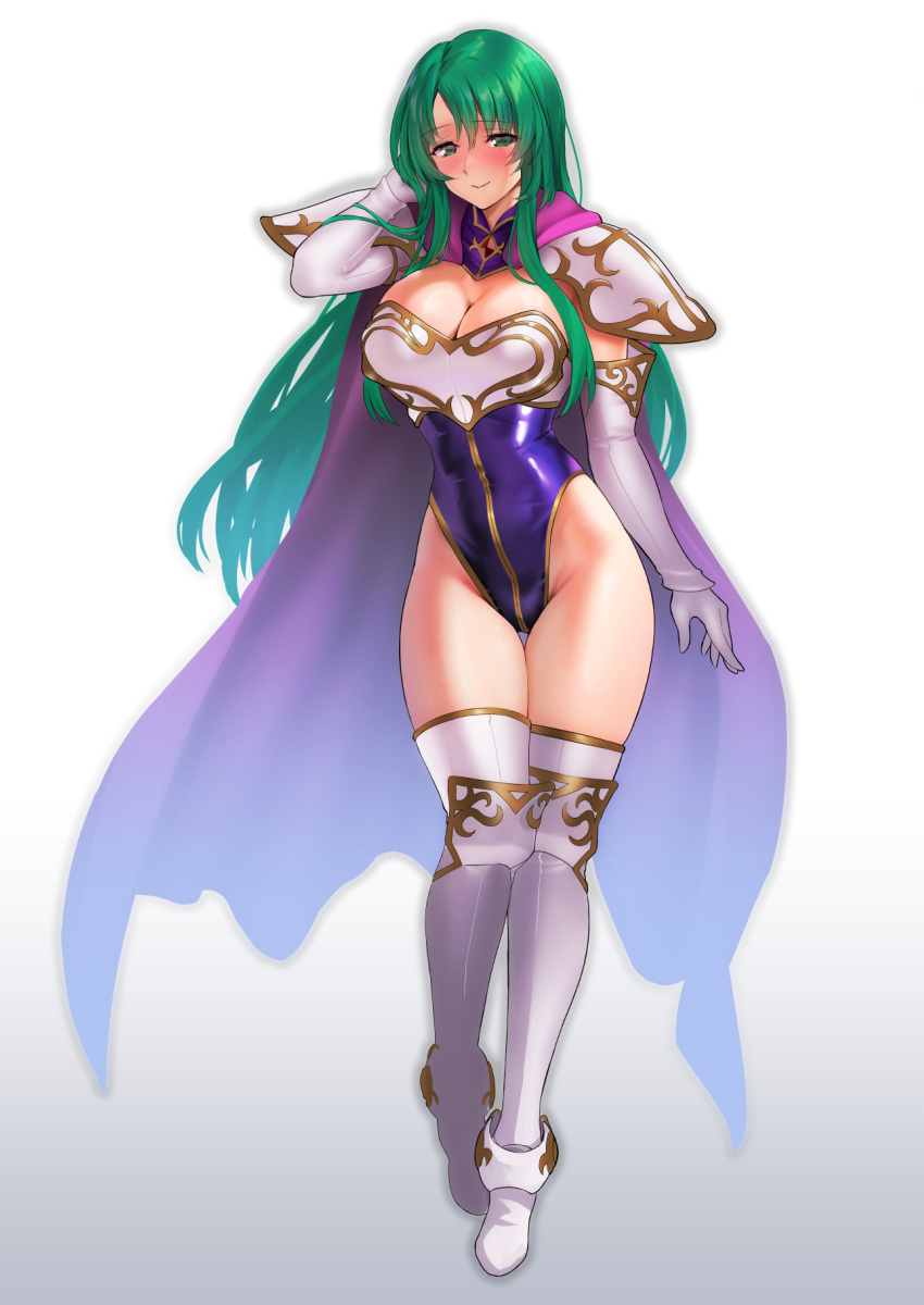 arm_behind_head armor blush boots breastplate breasts cape cecilia_(fire_emblem) cleavage d.chikusou detached_sleeves elbow_gloves female fire_emblem fire_emblem:_the_binding_blade gloves gold_trim gradient_background gradient_clothes green_eyes green_hair highres large_breasts leotard long_hair mature_female pauldrons purple_cape purple_leotard shoulder_armor skin_tight smile solo thigh_boots thighs