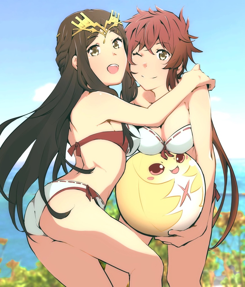 2girls ass back ball beachball bikini blush breasts fan_la_norne feather_hair hair_ribbon highres hug long_hair looking_at_viewer lora_(xenoblade) multiple_girls navel nopon one_eye_closed open_mouth parted_lips red_hair ribbon short_hair simple_background smile swimsuit tomaja_sougou xenoblade_chronicles_(series) xenoblade_chronicles_2 xenoblade_chronicles_2:_torna_-_the_golden_country yellow_eyes