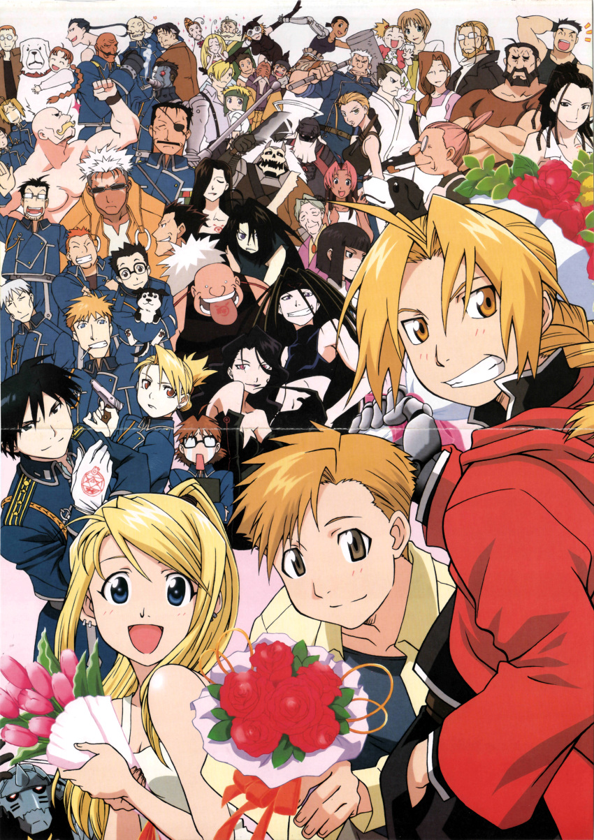 6+boys 6+girls absolutely_everyone absurdres alaskan_klee_kai alex_louis_armstrong alexander_(fma) alphonse_elric amestris_military_uniform annotated artist_request barry_the_chopper basque_gran black_hayate blunt_bangs catherine_elle_armstrong crease dante_(fma) den_(fma) denny_brosh dolcetto_(fma) dual_persona dyed_bangs edward_elric elicia_hughes envy_(fma) everyone fletcher_tringham frank_archer fullmetal_alchemist gluttony_(fma) gracia_hughes greed_(fma) heymans_breda highres ishval_elder izumi_curtis jean_havoc juliet_douglas kain_fuery king_bradley leo_(fma) lieutenant_yoki long_hair lust_(fma) lyra_(fma) maes_hughes maria_ross martel_(fma) mason_(fma) mrs._armstrong multiple_boys multiple_girls nina_tucker official_art paninya_(fma) philip_gargantos_armstrong pinako_rockbell psiren_(fma) rick_(fma) riza_hawkeye roa_(fma) rose_tomas roy_mustang russell_tringham scan scar_(fma) sheska_(fma) shou_tucker sig_curtis slicer_brothers sloth_(fma) slovak_cuvac solf_j._kimblee tim_marcoh trisha_elric van_hohenheim vato_falman winry_rockbell wrath_(fma)